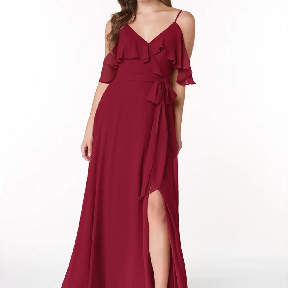 Burgundy Flowy V-neck Ruched Chiffon Dress - Azazie Vianna